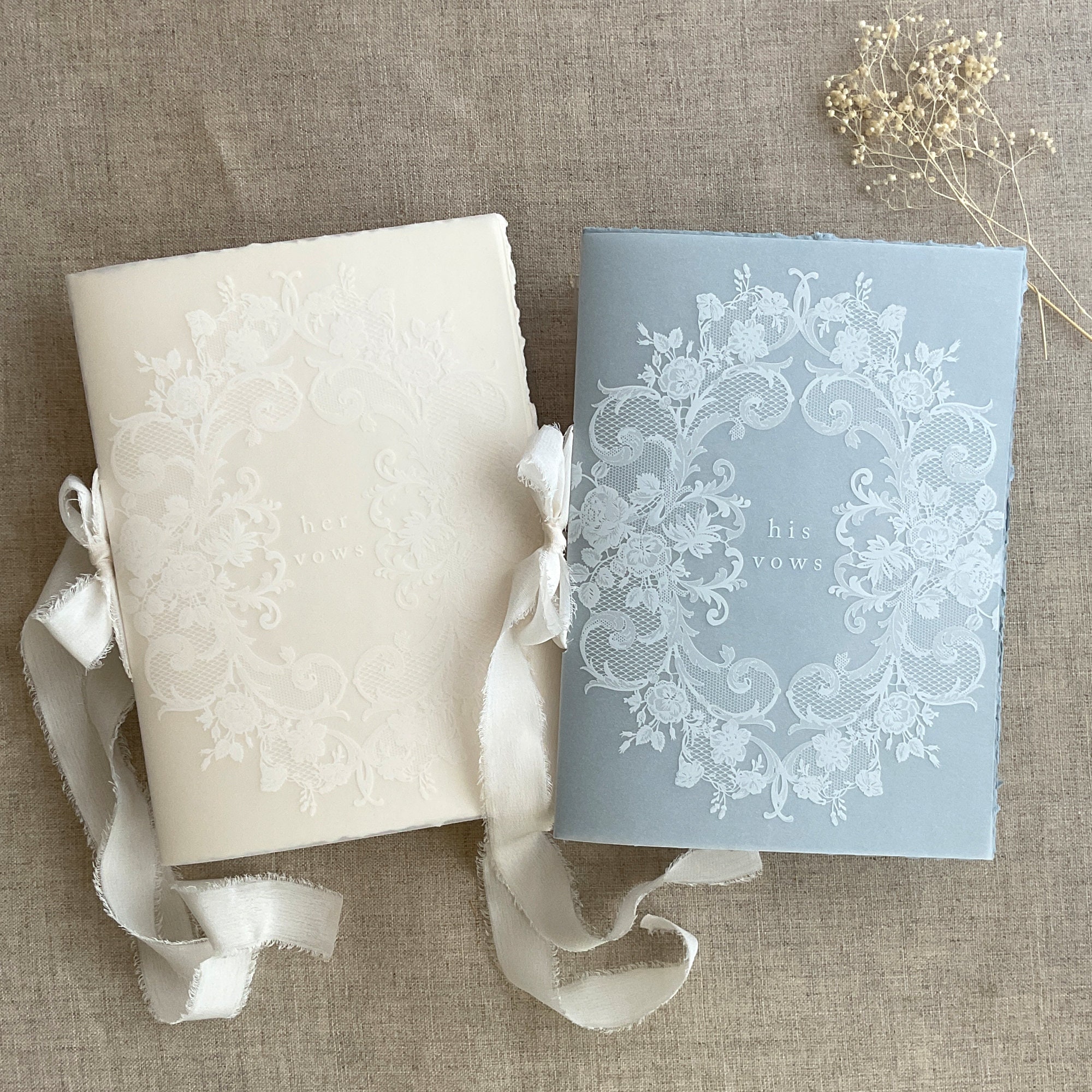la belle rose lace white ink print vellum covered handmade vow books with hand torn deckled edge