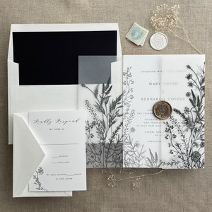 Black English summer botanical garden formal vellum wedding invitation suite SAMPLE
