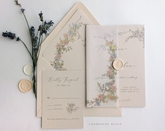 Marianne's bouquet star wild flowers botany floral translucent Vellum wrap wedding invitation suite