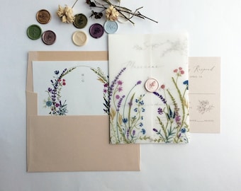 Colorful English botanical garden floral Vellum wrap + Lined A7 envelope - invitation card, wax seal not included