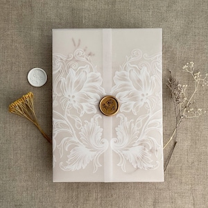 White Ink Floral Vellum Wrap: Claudia Design, 5x7 Invitation Jacket