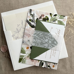 White Ink Floral Vellum Wedding Invitation Belly Bands: Botanical Garden