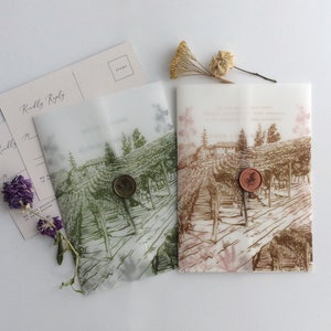 V31 Rustic Vineyard landscape hand drawn sketch printed white translucent Vellum jacket vellum wrap for 5x7 inches card