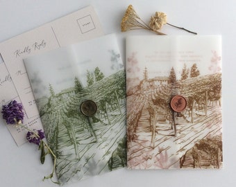 Rustic Vineyard landscape hand drawn sketch printed white translucent Vellum jacket vellum wrap for 5x7 inches card