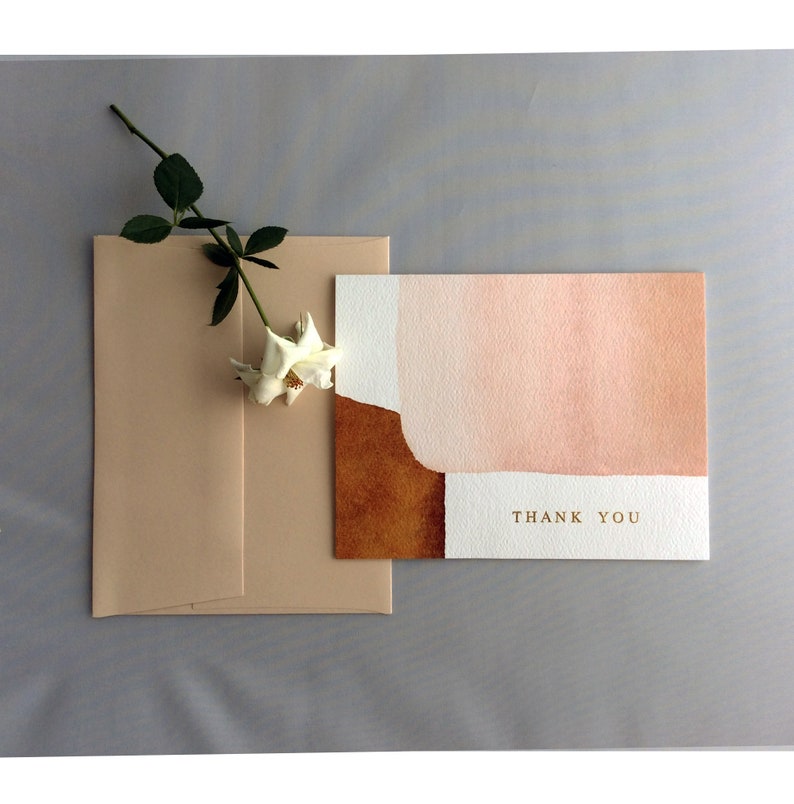 Personalized Thank You cards A2 folded abstract organic shape watercolor blush terra cotta navy gold letter personalized print available
