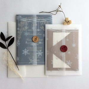 V90 Festive snow flake printed white translucent Vellum jacket wrap for 5x7 inches cards - winter wedding bridal shower -