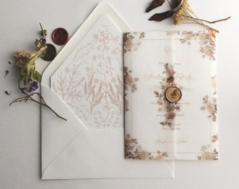 wedding invitation kit - Amelia vintage botanic garden - printed white translucent vellum wraps + envelope liners + A7 envelopes : blossom