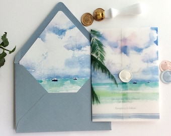 Watercolor Beach Wedding Vellum Wrap: Tropical Seaside Invitation (5x7 inches)