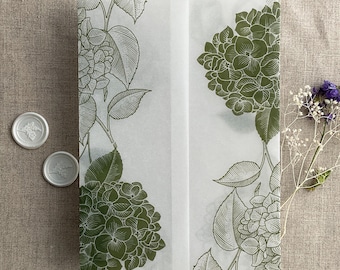 Papel vitela con estampado floral de hortensias para invitaciones de boda de 5x7 pulgadas.