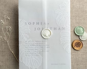 White Monstera leaves printed white translucent vellum wrap jacket for 5x7 inches card