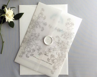 V69 White translucent Vellum jacket small meadow wild floral printed vellum wrap for 5x7 inches card -adorable flowers -