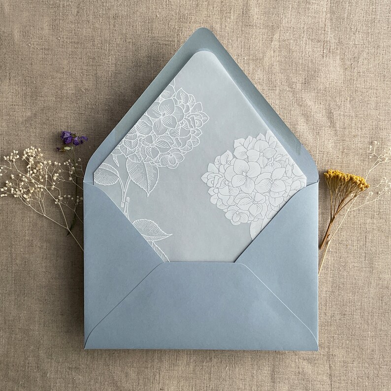 Pu&ograve; includere: Una busta blu chiaro con un disegno floreale bianco sul davanti. La busta &egrave; realizzata in carta testurizzata e ha un leggero bagliore.