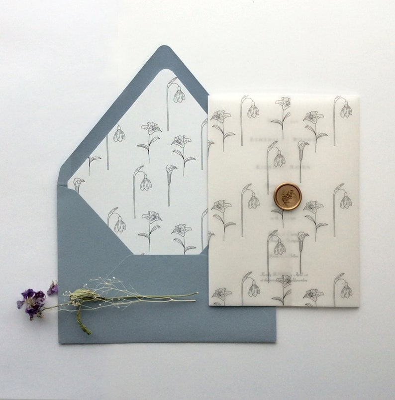 VWB8 Printed vellum wraps envelope liners A7 envelopes optional Kara minimalist flower stems image 2