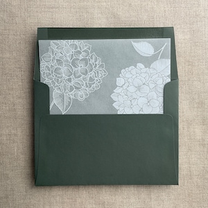 May include: A dark green envelope with a white floral design on a translucent sheet of paper inside. The design features two hydrangea flowers.