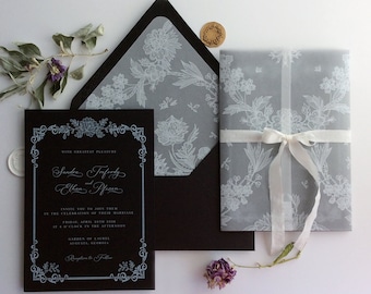 Venetian Floral lace vellum wedding invitation suite 5PCS white ink print vellum wrap 5x7 card vellum envelope liner envelope black wedding