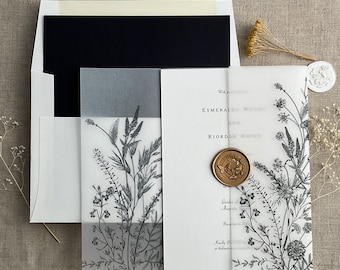 V15 White translucent Vellum jacket English summer botanical garden floral printed for 5x7 inch card unique vellum wrap