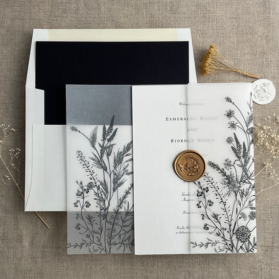 Floral Vellum Jacket, Vellum Invitation Wrap, 5x7 Vellum Wedding  Invitation, Black Floral Vellum Paper for Invitations, Vellum 