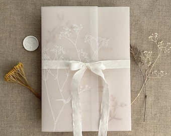 White ink print Baby's breath minimalist flower printed white translucent vellum wrap vellum jacket for 5x7 inches card