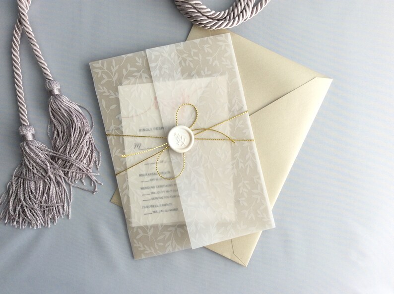 Wedding invitation white translucent Vellum jacket leafy Etsy
