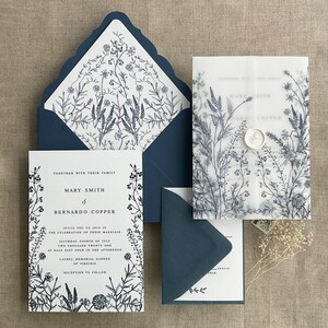 Navy blue English summer botanical garden vellum wedding invitation suite SAMPLE
