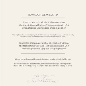 May include: Text-based image with information about shipping times for orders. The text reads "How soon we will ship" and includes details about standard and expedited shipping options. The text also states that the company does not sell or provide designs and products in digital format.