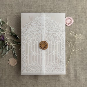 V6 Impression à l'encre blanche, porte voûtée de style baroque, style conte de fées, impression sur vélin blanc translucide, jaquette pour carte 5 x 7