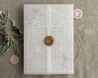 V6 White ink print Baroque style arched gate fairytale style vellum wrap printed on white translucent vellum jacket for 5x7 card