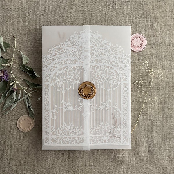 V6 White ink print Baroque style arched gate fairytale style vellum wrap printed on white translucent vellum jacket for 5x7 card