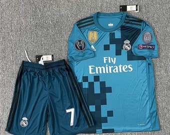 Cristiano Ronaldo No. 7 Football Uniform 17-18 Real Madrid Blue Jersey - Short Sleeve Suit, Second Away Fan Jersey Set - Perfect Gift