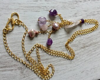 Rose Quartz Necklace- Rose Quarz- Rose Quartz Lilly- Amethyst