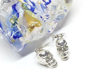 Sterling Silver Skull Earrings, Gothic Biker Jewelry