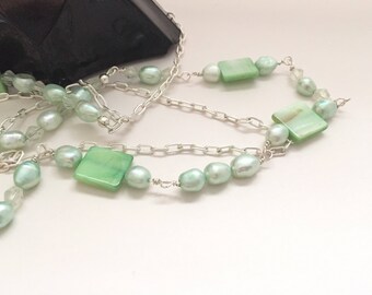 Green Shell Pearl Rosary Necklace, Silver Chain Wedding Jewelry