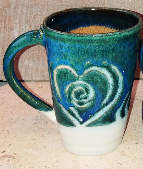 Seagreen Heart Decorated Large Ceramic Mugs Etsy