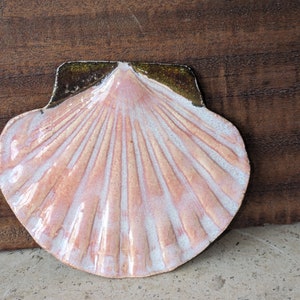 May include: A ceramic seashell-shaped dish with a pink and white glaze. The dish has a textured surface with radiating lines and a dark green and brown border. The dish is on a wooden surface.