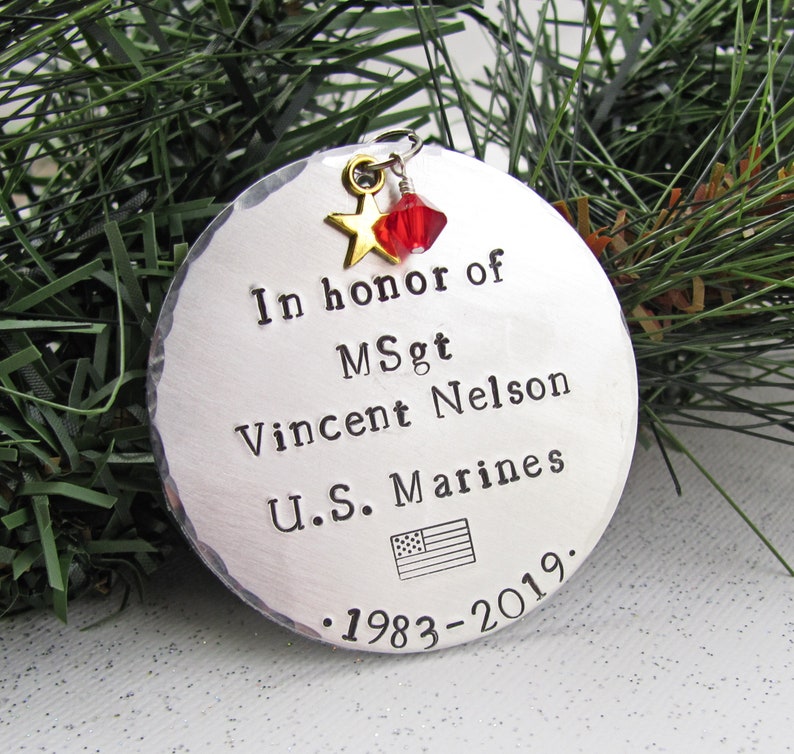 Military /& Veteran Memorial Ornament Hand Stamped Metal Round Personalized Remembrance Keepsake
