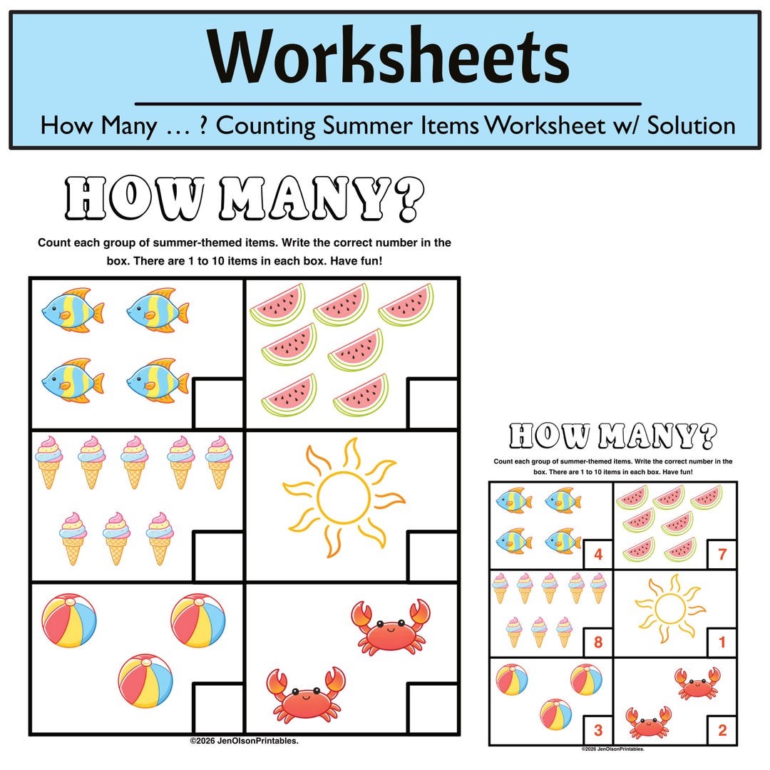 Printable Counting 1-10 Worksheet - Summer Items - Etsy