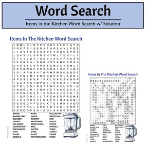 May include: A black and white word search puzzle with the title "Items In The Kitchen Word Search". The puzzle features a grid of letters with words related to kitchen items hidden within. A solution to the puzzle is shown on the right side of the image. A blender is illustrated below the puzzle.
