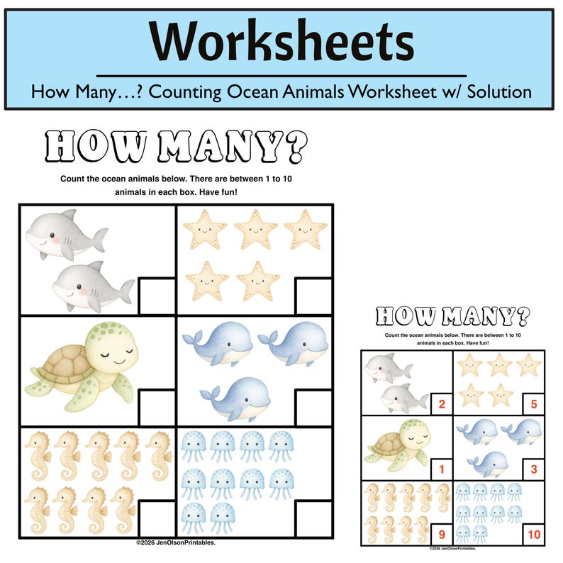 Printable Counting 1-10 Worksheet - Ocean Animals - Etsy