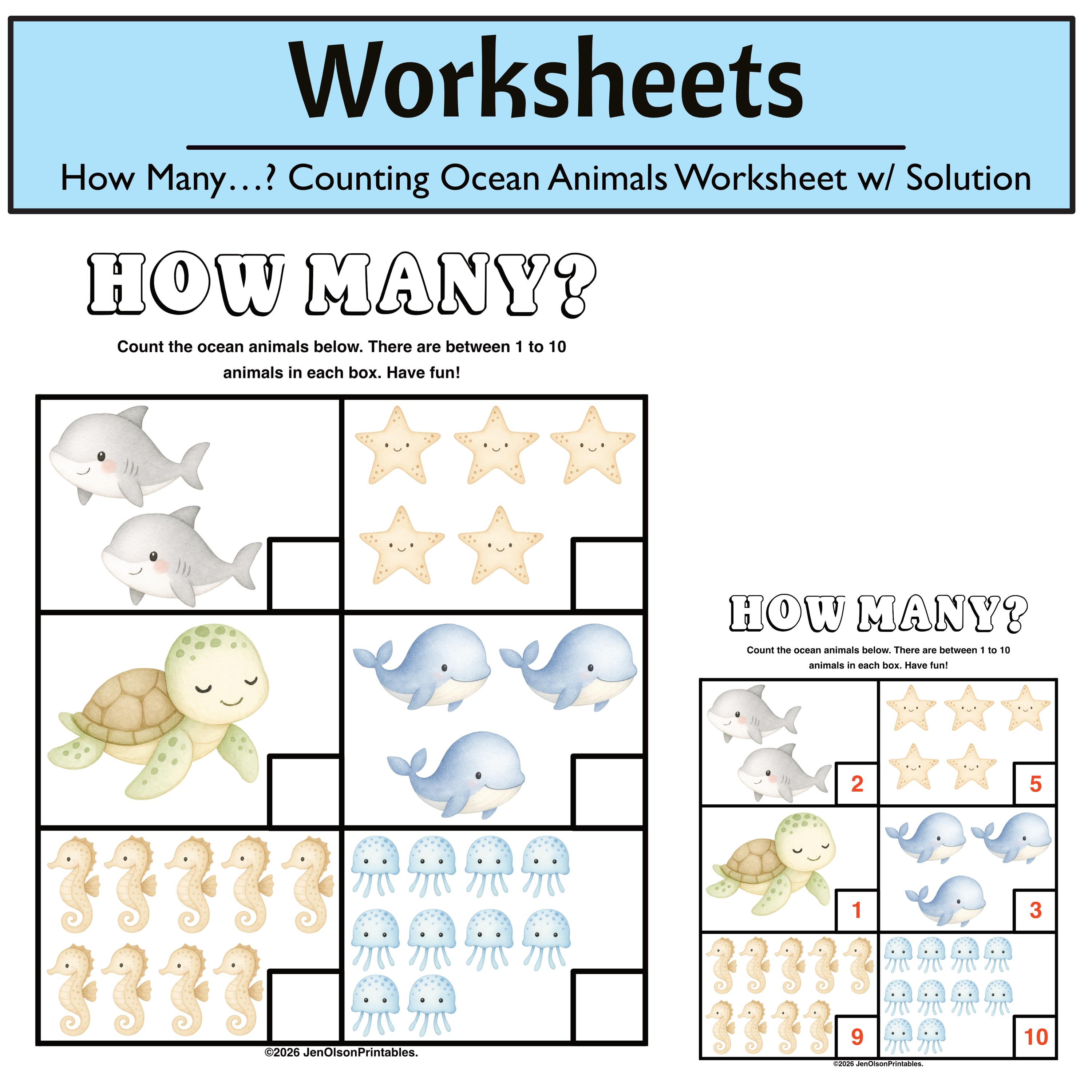 Printable Counting 1-10 Worksheet - Ocean Animals - Etsy