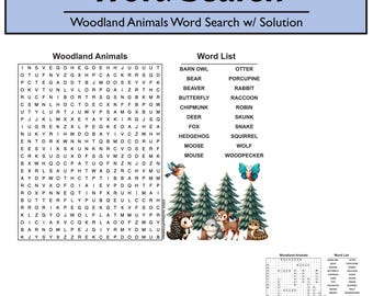 Op de afbeelding: Een woordzoeker met een bosdieren thema, inclusief oplossing. De puzzel bevat een rooster met letters met woorden die gerelateerd zijn aan bosdieren die erin verborgen zijn. De woordlijst bevat woorden zoals schuuruil, otter, stekelvarken, beer, bever, konijn, vlinder, wasbeer, eekhoorn, roodborstje, hert, stinkdier, vos, slang, egel, eekhoorn, eland, wolf en specht. De oplossing wordt getoond in een apart rooster met de woorden die zijn gemarkeerd.