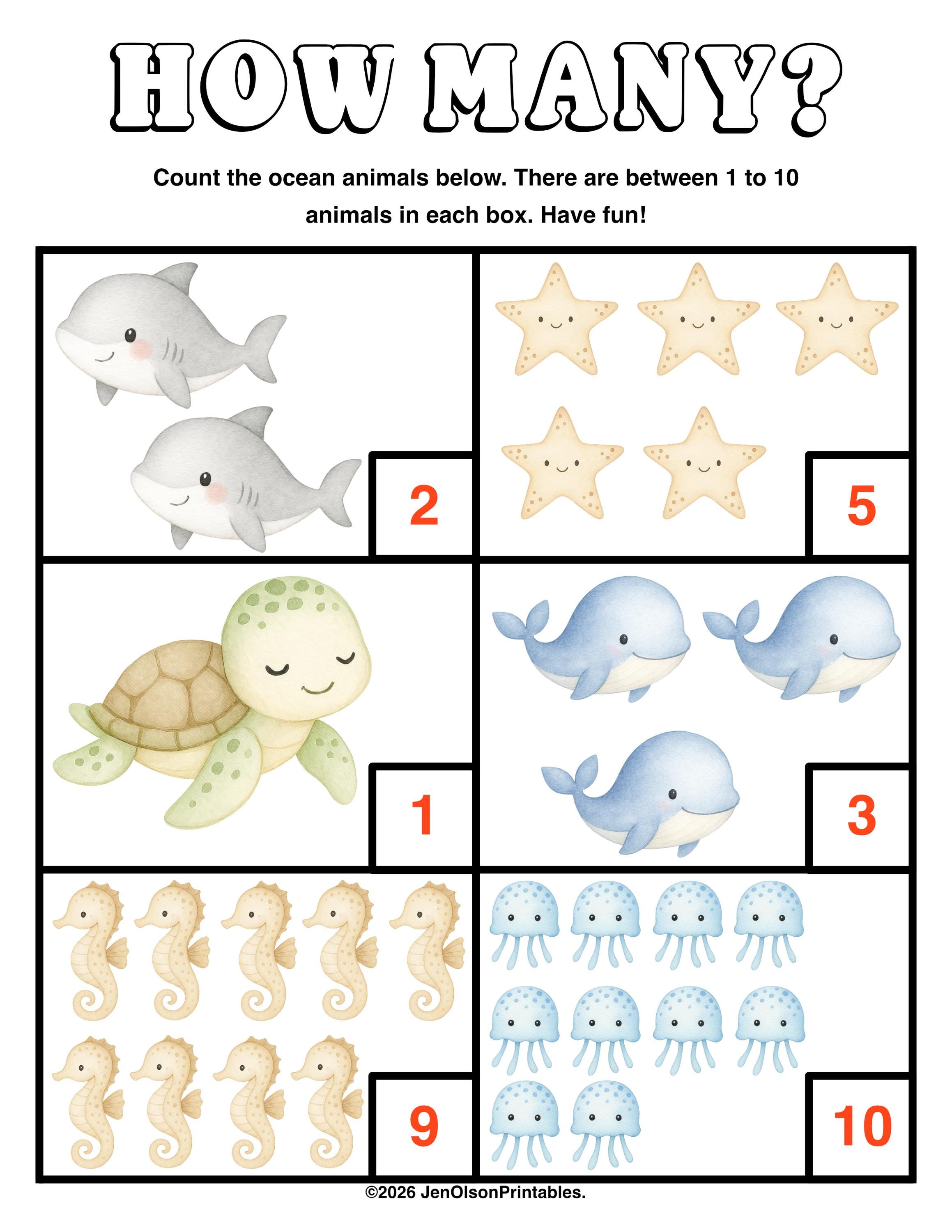 Printable Counting 1-10 Worksheet - Ocean Animals - Etsy