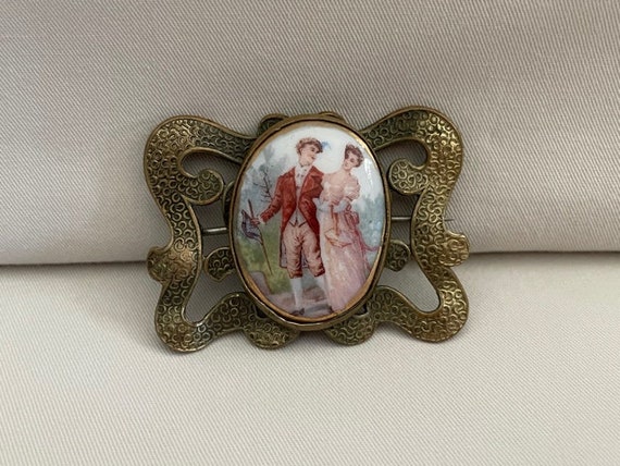 Antique Late Victorian Porcelain Sash Brooch Pin - image 1