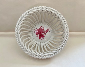 Herend Hungary Basket, Porcelain Open Weave, Hand Painted Floral