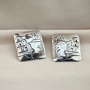 Vintage Southwestern Scene Sterling Silver Earrings
