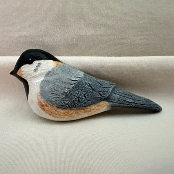 Vintage Hand Made Carved Wood Varied Tit Bird Brooch Pin