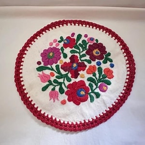 Vintage Hungarian Matyo Embroidered Fabric Doily