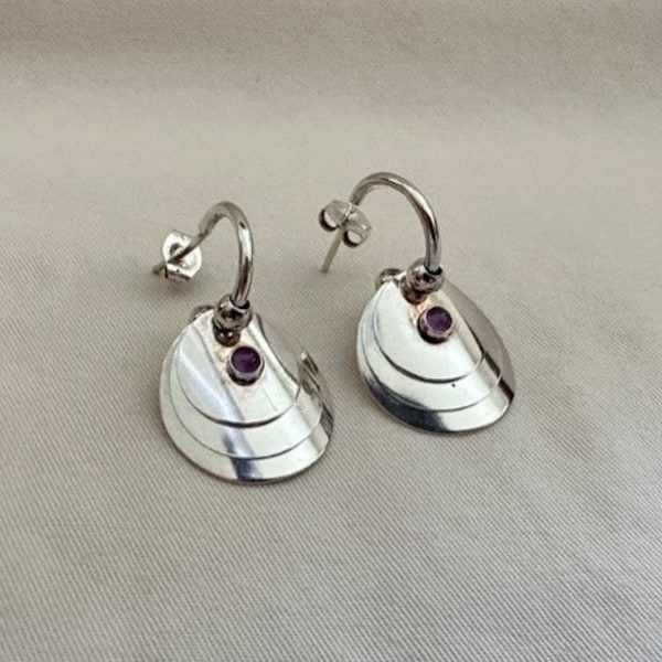 Vintage QT Sterling Silver Layered Disc Amethyst Dot Earrings