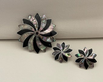 Vintage Mexican Sterling Silver Abalone Shell Brooch Pendant Earring Set