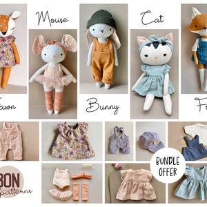 Lapin, souris, faon, chat et renard avec de nombreuses tenues - Patron de couture à téléchargement immédiat, poupée peluche DIY en lin ou coton bio.