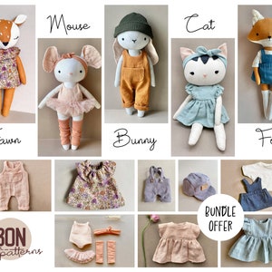 Bunny, Mouse, Fawn, Cat & Fox With Many Outfits - Instant Download Sewing Pattern, DIY soft toy doll in organic linen or cotton.